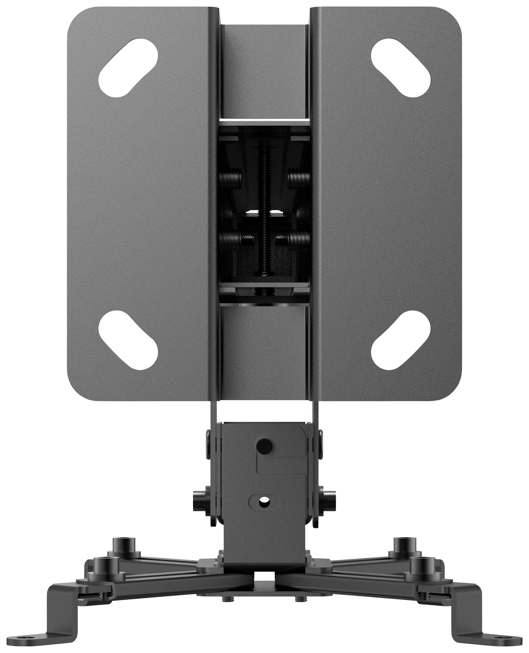 A black monitor mount, viewed from the front, shows the mounting plate and sturdy stand. Suitable for office monitors.