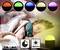 A child sleeps peacefully in soft lighting, surrounded by night lights in various colours. Symbols indicate timer and brightness settings.
