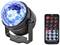 'Dance light with a blue, hexagonal surface. Includes a remote control with buttons for disco and lighting settings.'