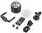 Parts of an LED disco ball set: Glass ball, mounting brackets, remote control, USB cable. Usage: Party lighting.