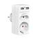 A white plug adapter with two USB ports and one electrical socket; suitable for simultaneously charging multiple devices.