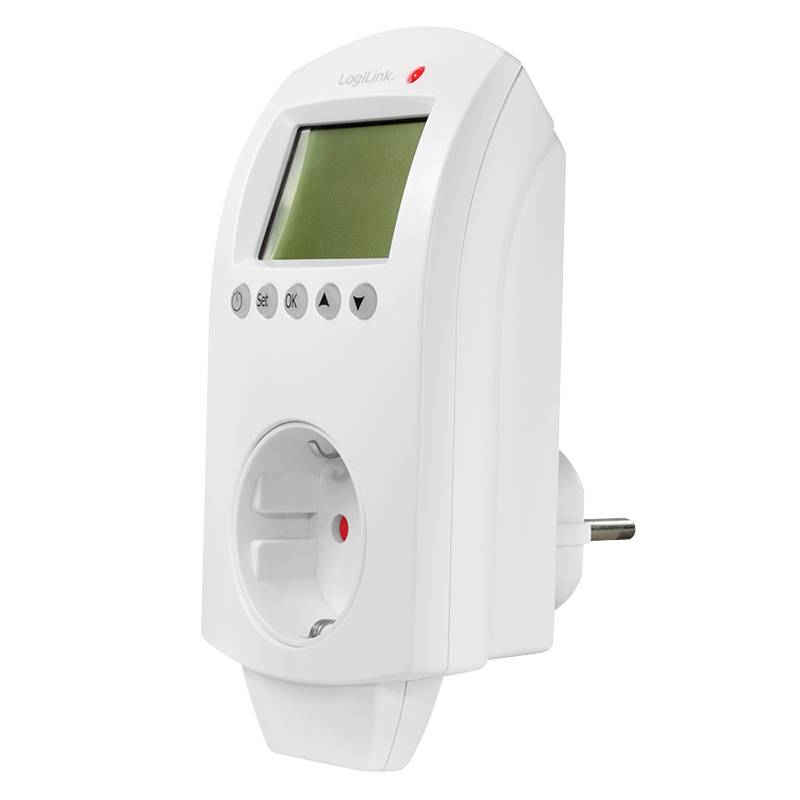 A digital timer switch with display, control buttons and a socket underneath. 'LogiLink' brand name at the top.