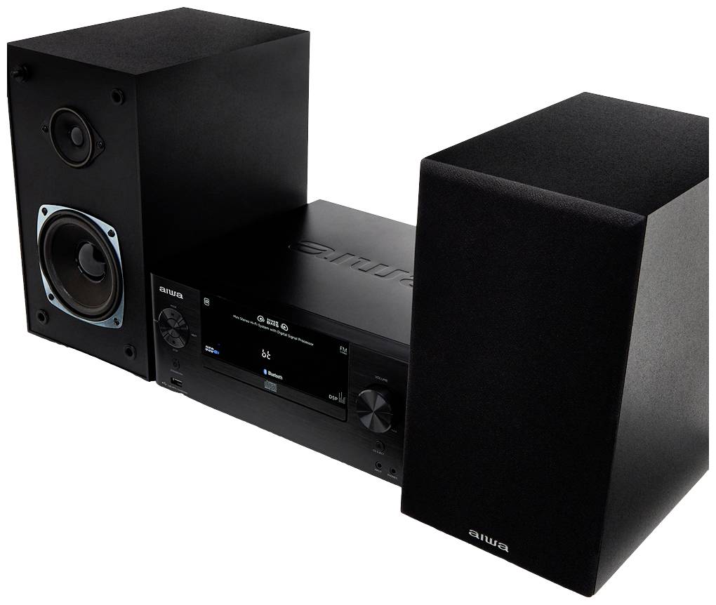 Black stereo system with a central amplifier and two speakers. The amplifier displays controls and a screen.