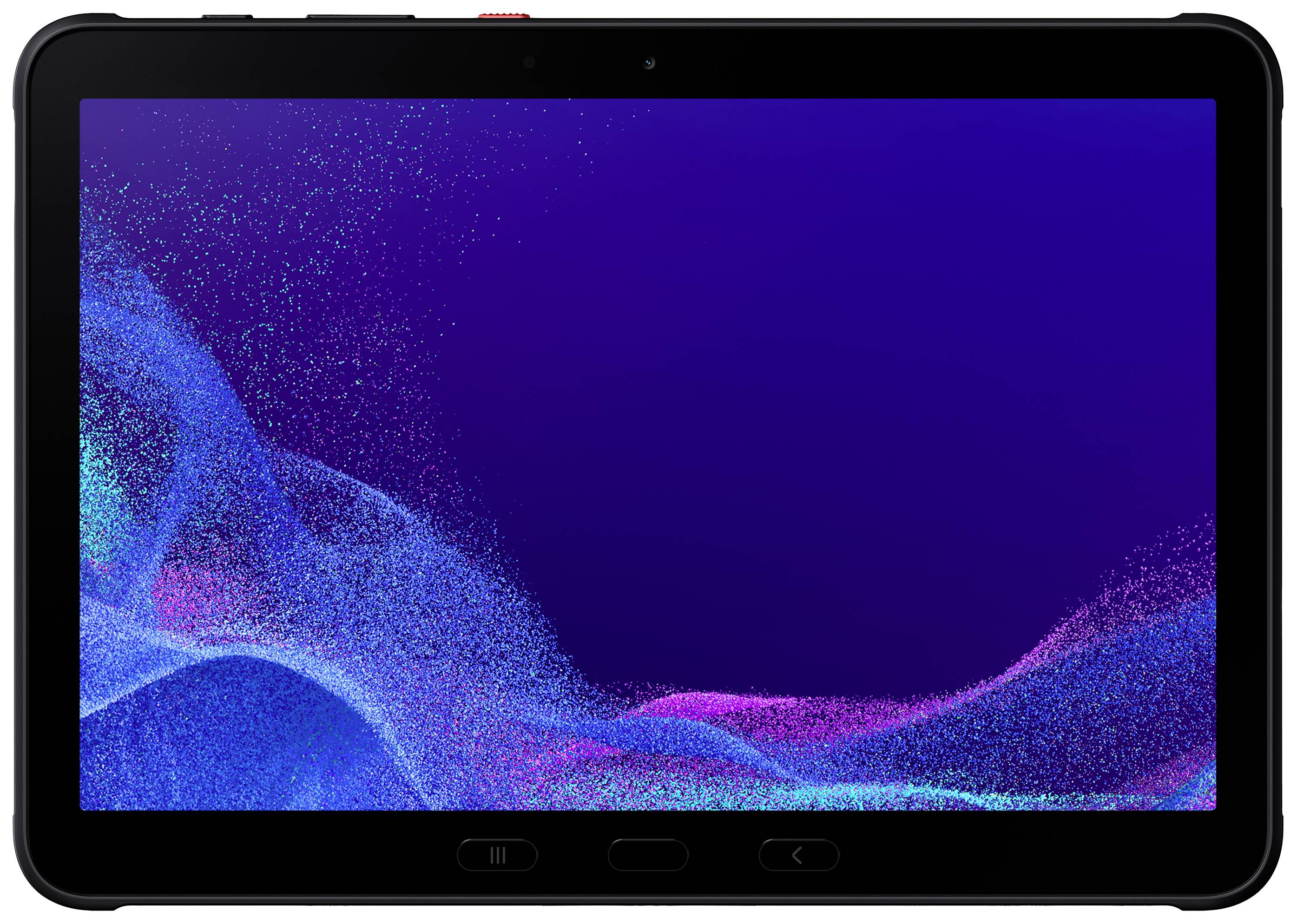 The image shows a tablet with a dark screen, surrounded by a sturdy frame. Blue and purple wave patterns are visible on the screen.