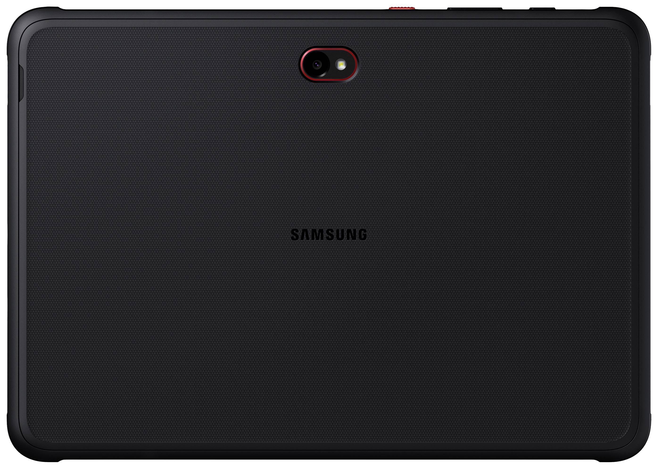 Black rear side of a Samsung tablet with camera at the top and central brand logo.