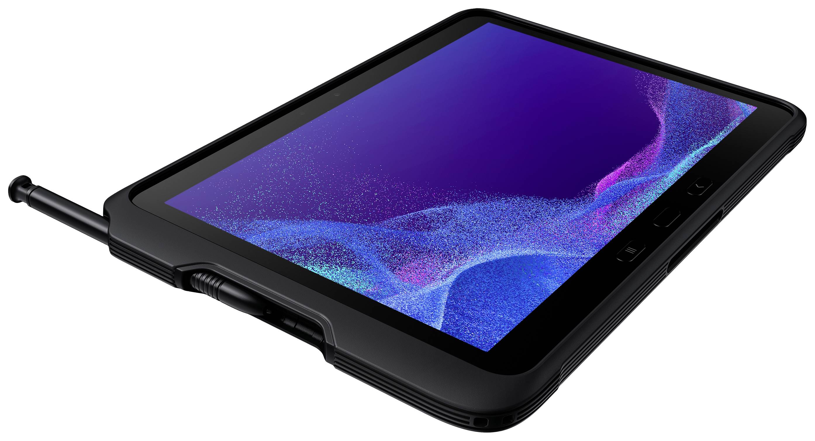 Tablet with a robust casing, slightly tilted. A stylus is inserted at the side. The screen displays an abstract blue-violet pattern.