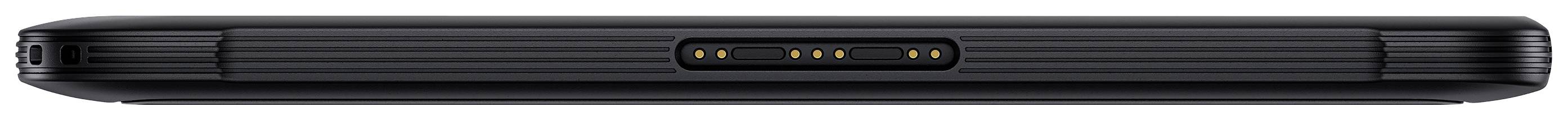 Black device viewed from the side, with four golden contact points in the centre, possibly a charging port.