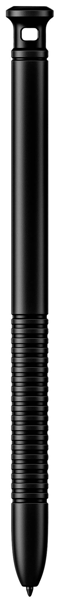 A black pen with a textured grip area and a digital tip, suitable for touchscreens or digital drawing pads.