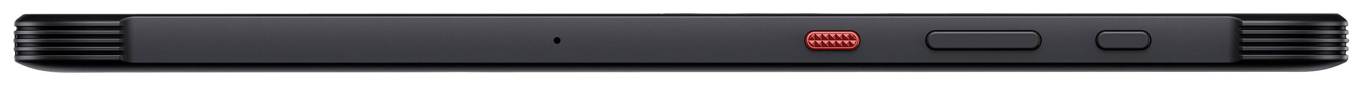 Slim, black device side with a red switch and two black buttons.