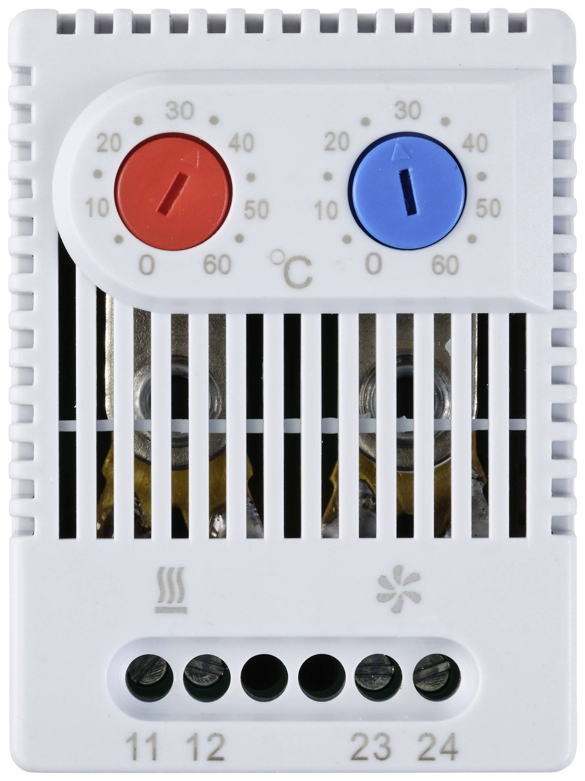 Thermostat with two rotary controls for temperature. Red control for heating mode, blue for cooling mode. Adjustment range 0 to 60 degrees Celsius.