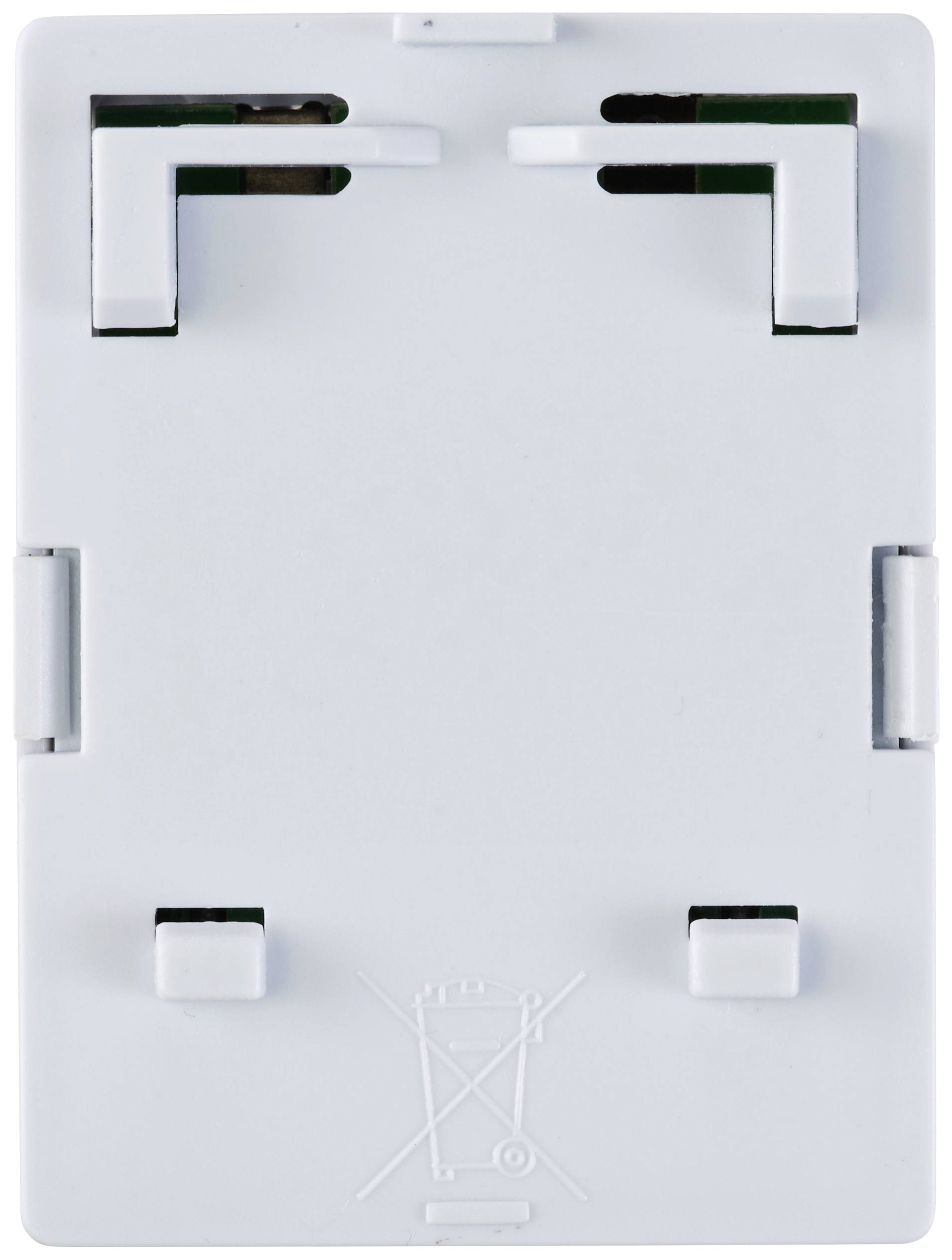 Back of a device with mounting tabs and a symbol indicating it should not be disposed of in general waste.