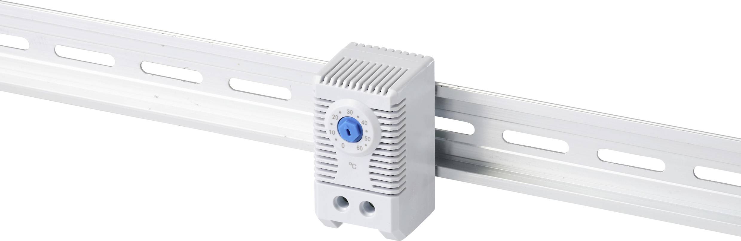 A white electric fan head with a blue rotary knob is mounted on a metal rail.