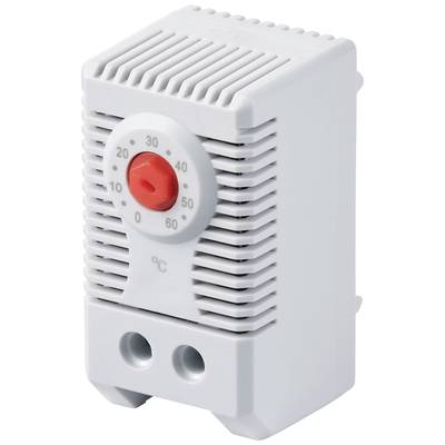White thermostat with a red adjustment knob, displaying temperature values from 0 to 60 degrees Celsius.
