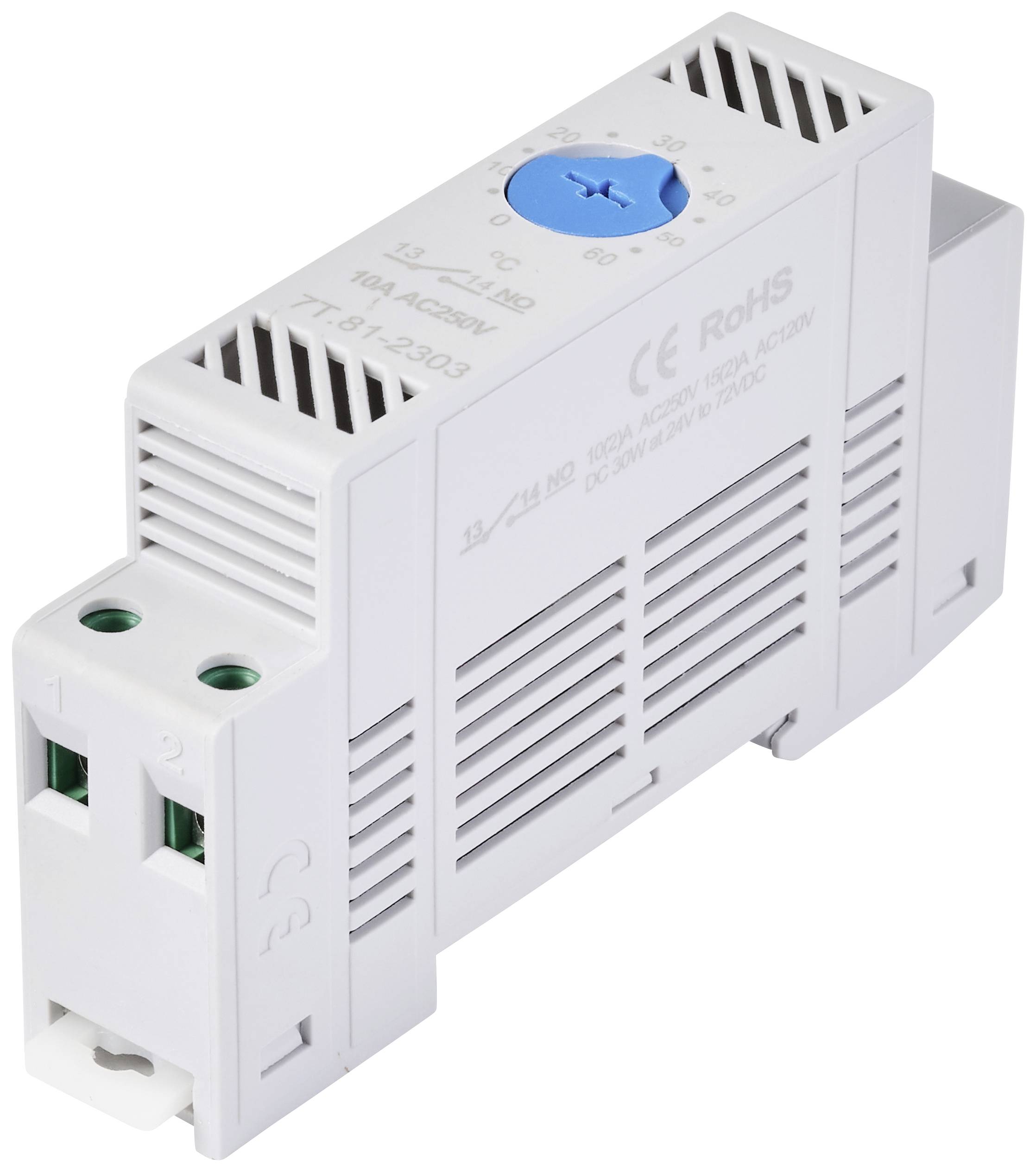 A white electrical relay for DIN rail mounting with a blue switch and labelling, suitable for AC/DC 24V, 16A.