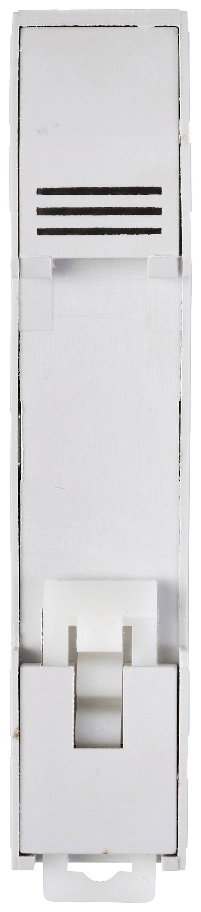 A rectangular, white plastic object with ventilation slots and a switch, most likely an electrical component.