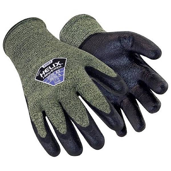'HexArmor Helix 2082' Work Gloves made from green fabric with black coating. Suitable for protection and grip in industrial applications.