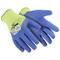 Two blue work gloves with yellow wrist cuffs. They protect the hands and are suitable for industrial or manual labour.
