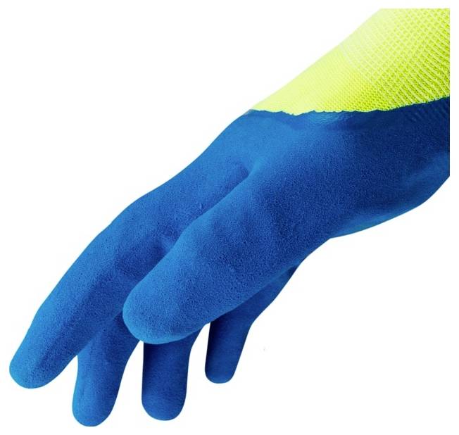 A close-up of a hand wearing a blue glove with a yellow cuff, highlighting the glove's color and texture.