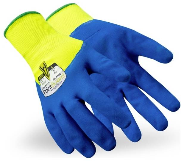 'Pair of blue and yellow work gloves with a label displaying 'PointGuard Ultra'. Designed for protection and grip.'