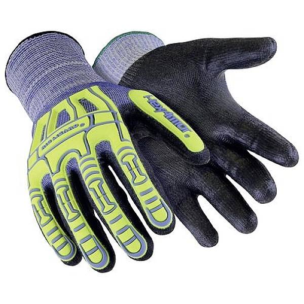 Two protective gloves, one showing the palm, the other the back of the hand, with a green-yellow pattern and black coating.