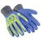 Blue, non-slip protective gloves with yellow print, suitable for construction or work environments, on a light background.