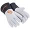 Protective leather gloves with black wrist cuffs and orange logo, suitable for heavy-duty work.