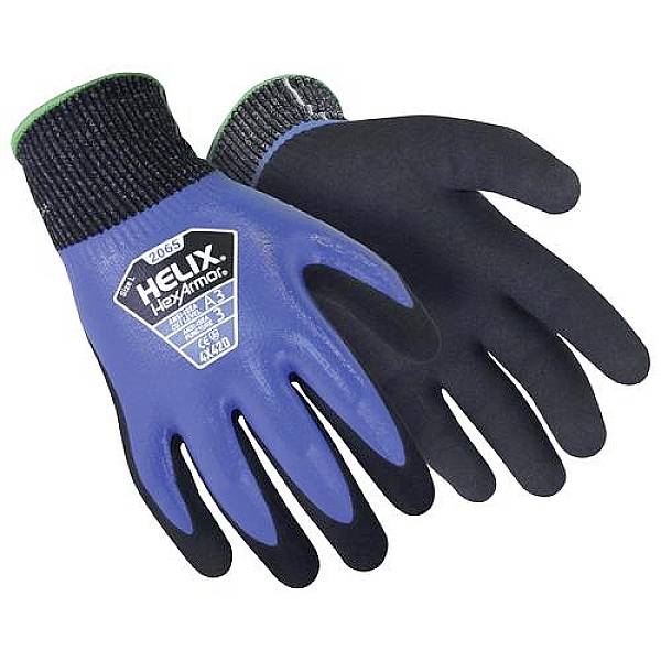 A pair of navy blue work gloves with non-slip grip and knitted cuffs, suitable for industrial work.