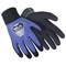 A pair of navy blue work gloves with non-slip grip and knitted cuffs, suitable for industrial work.