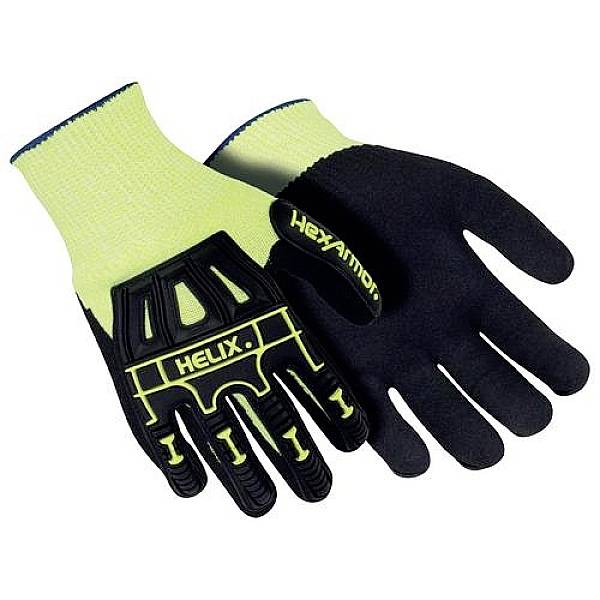 A pair of Helix work gloves in yellow and black, with reinforced protection on fingers and the back of the hand, on a white background.