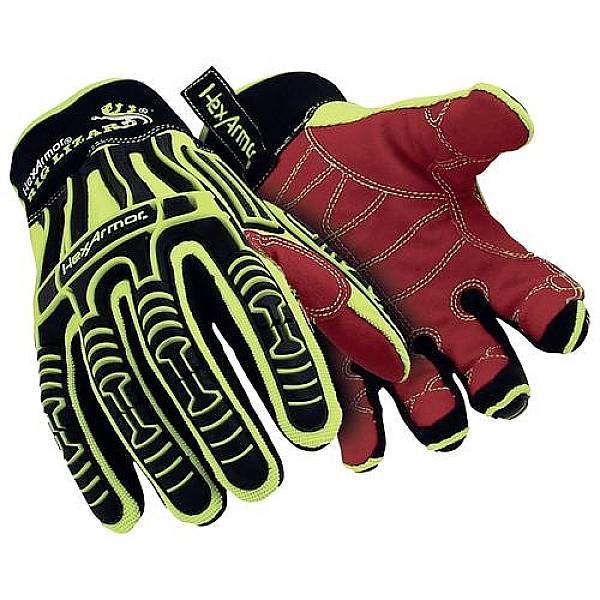 A pair of robust gloves, one predominantly black with neon yellow accents, the other red with white stitching, both offering protection.