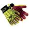 Two protective gloves in yellow and red, robust design with padded areas and non-slip grips, suitable for construction work.