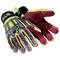 A pair of robust gloves with red and grey design, padded knuckles, and yellow accents, suitable for protective work.