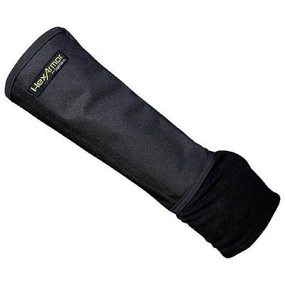 Black, protective arm sleeve by HexArmor, designed for safety and protection, extending from the wrist to the elbow.