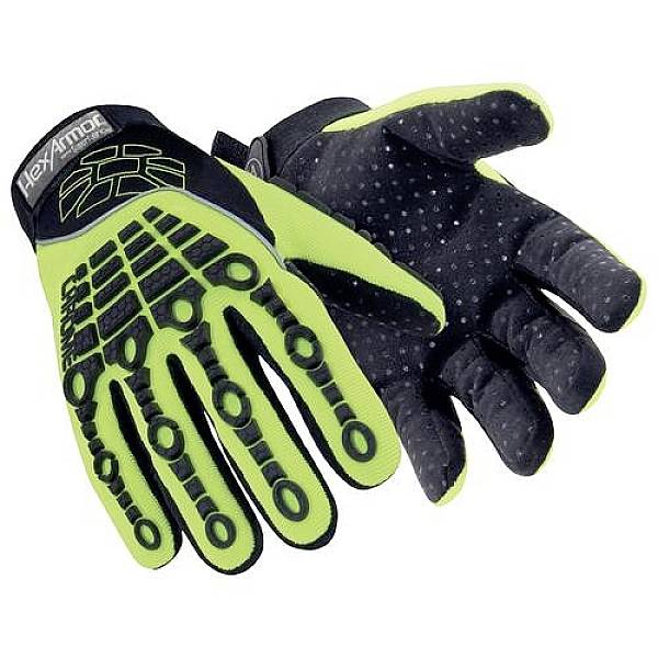 Two work gloves made from durable material with a black and neon green design provide protection during physical labour.