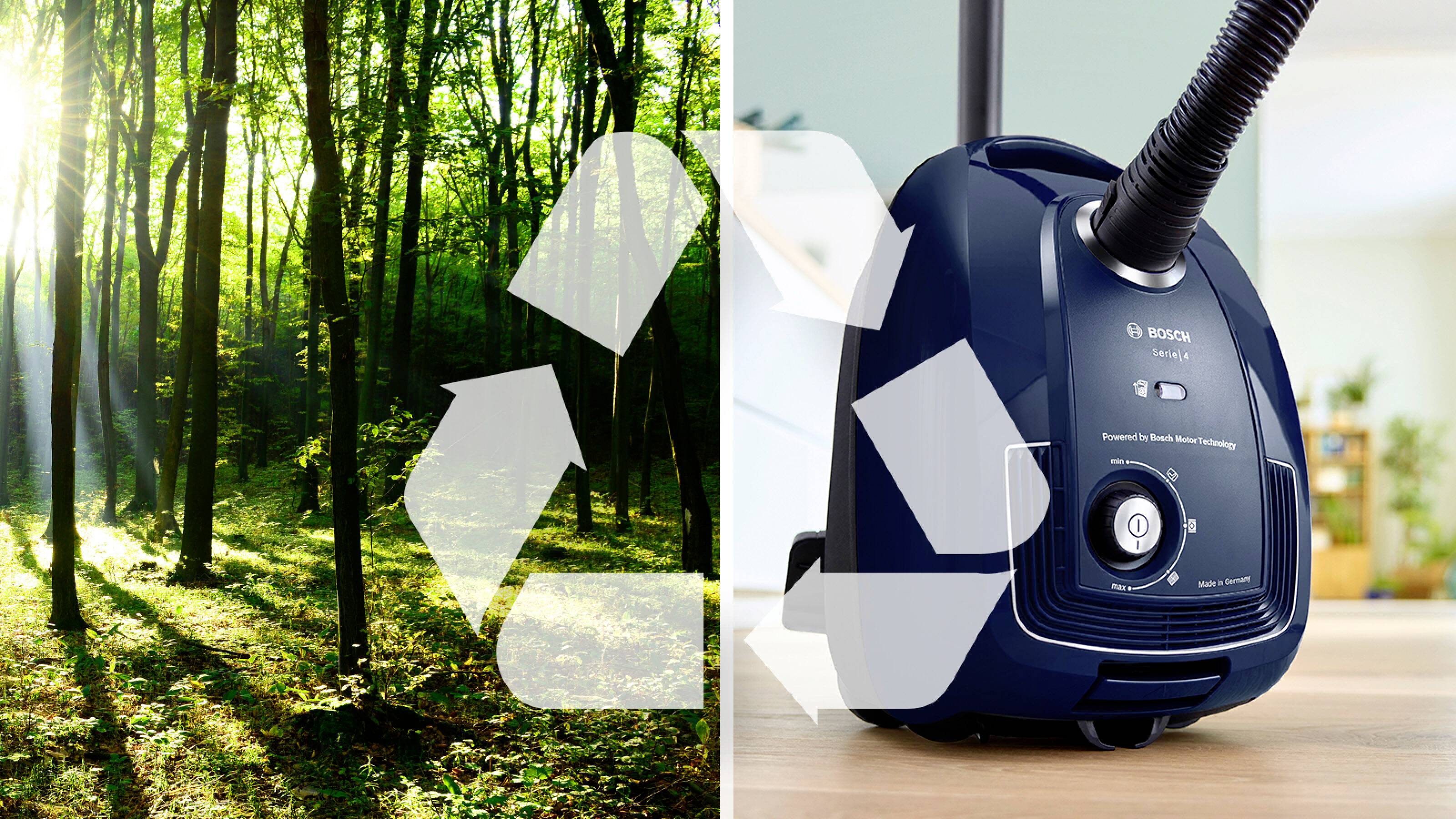 'A forest with sunlight in the left image, a vacuum cleaner with a recycling symbol in the right image, representation of environmentally friendly technology.'