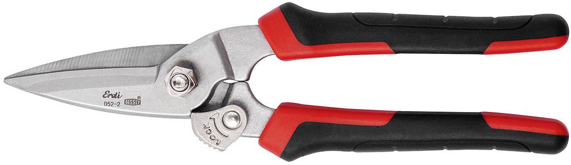 Metal shears with red and black handles, suitable for cutting sheet metal and other materials.