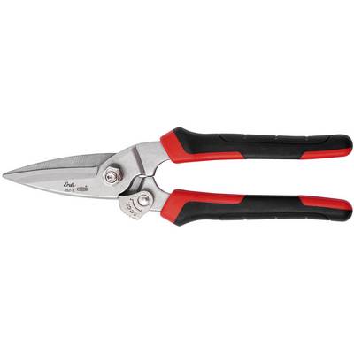 Metal shears with red and black handles, suitable for cutting sheet metal and other materials.