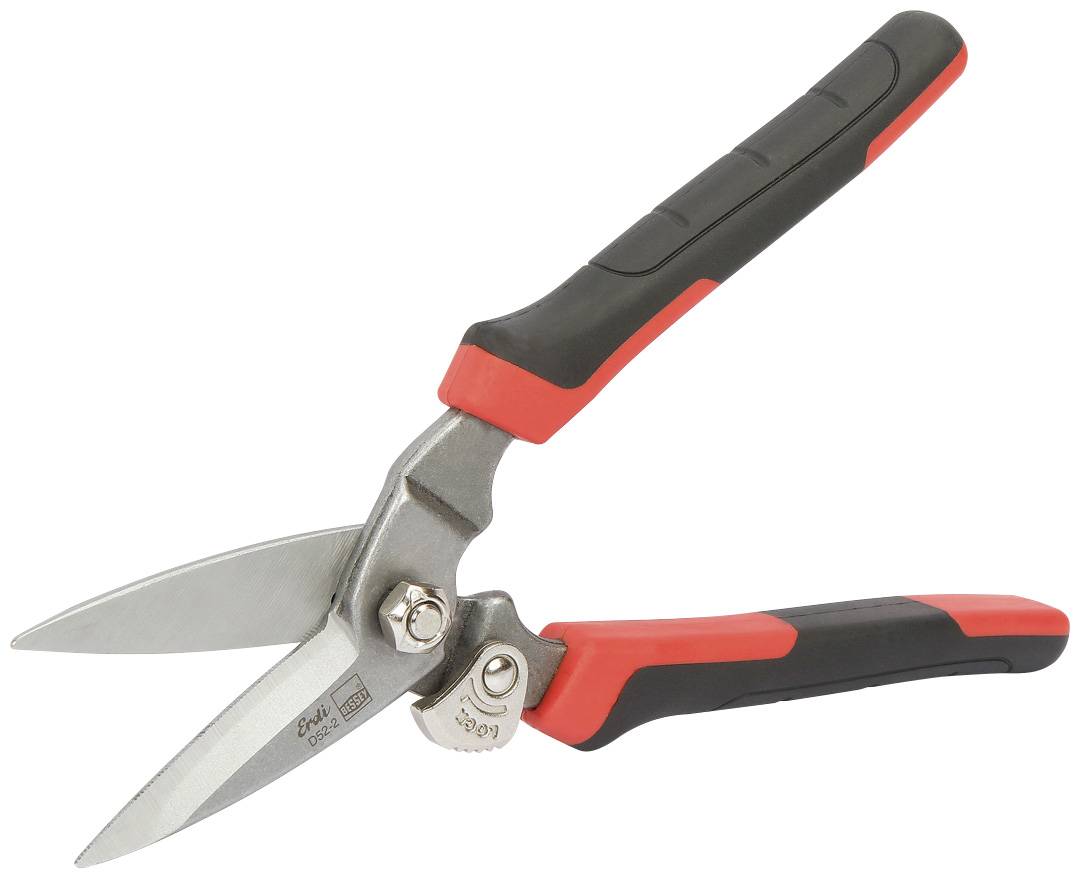 A black and red metal tin snips with metallic blades. It has handles with an ergonomic design for better grip.