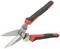 A black and red metal tin snips with metallic blades. It has handles with an ergonomic design for better grip.