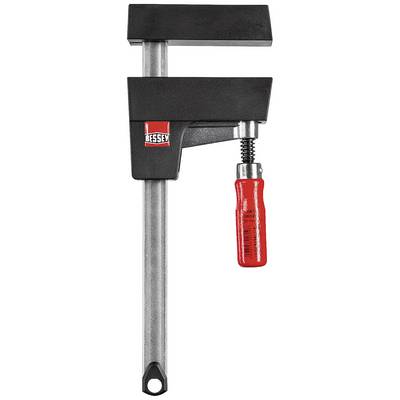 Clamp with a red handle and black clamping jaw, a typical tool for securing workpieces during work or cutting.