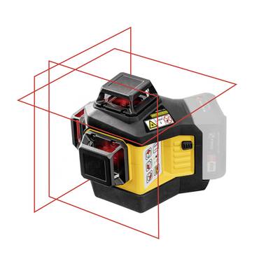 A yellow laser levelling device with red laser lines displayed in multiple directions, illustrating the alignment function.
