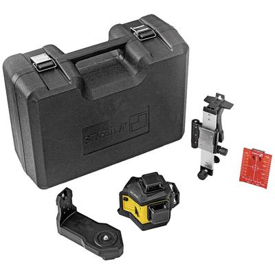 Black transport case and accessories for levelling instrument: yellow laser module, mounting bracket, target board and a wall mount.