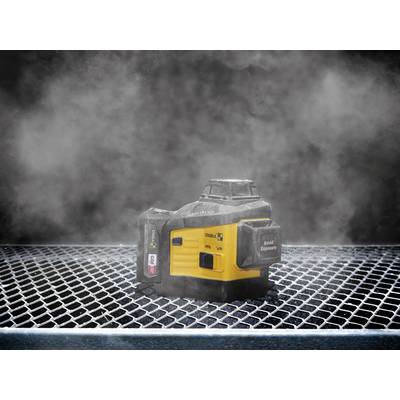 A yellow levelling laser in a dusty environment on a metal grid, suitable for precise construction work.