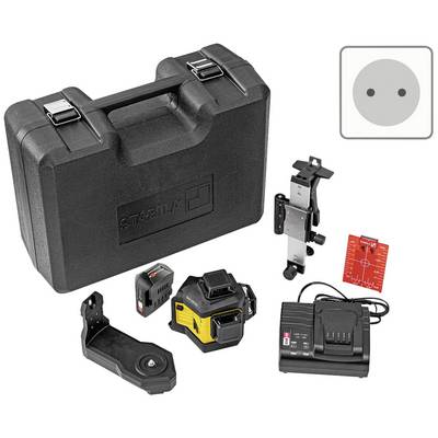 Laser tool set in a case, including charger, laser device, mounting bracket and accessories. A simple plug diagram is shown in the top right corner.