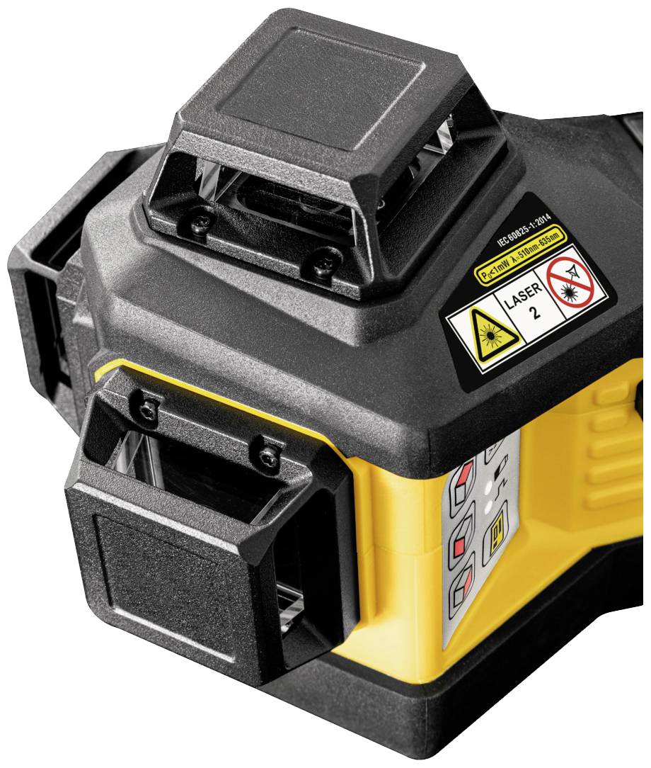 Black and yellow laser level with safety warnings and laser markings. Designed for precise alignment.