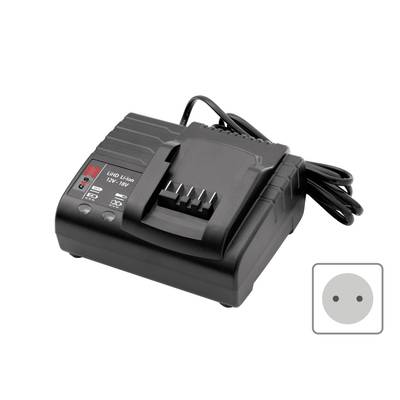 Black charger for Li-Ion battery with European plug. Charging indicator on the left side shows red LED bar.