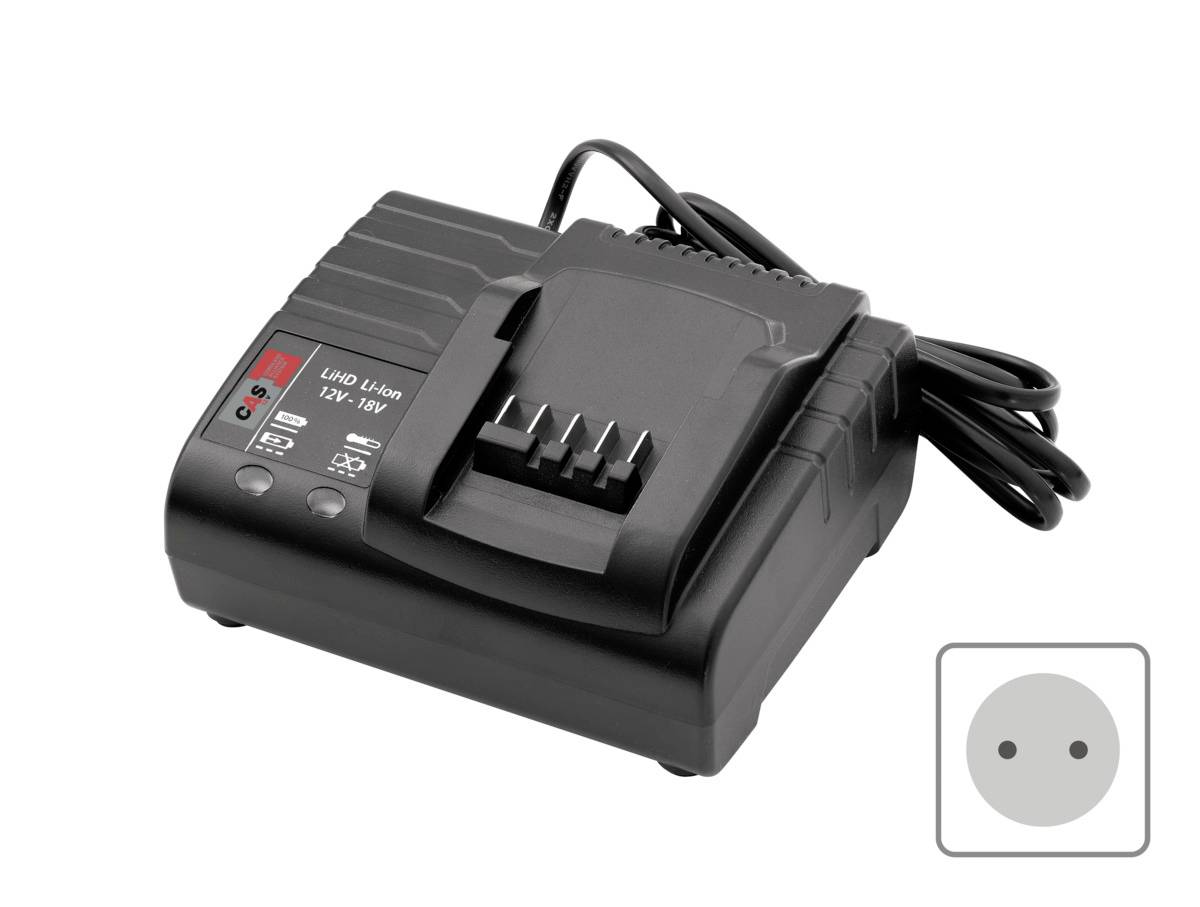 A black charger for Li-Ion batteries, showing buttons and charging indicator. Next to the device is a graphic of a two-pin plug socket.
