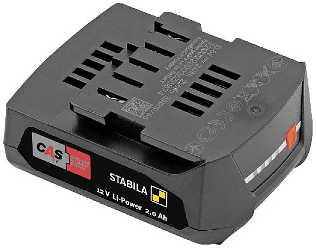 Black Stabila 12V Li-Power Battery, 2.0 Ah capacity, with labelling and symbols on the top surface, CAS logo visible.