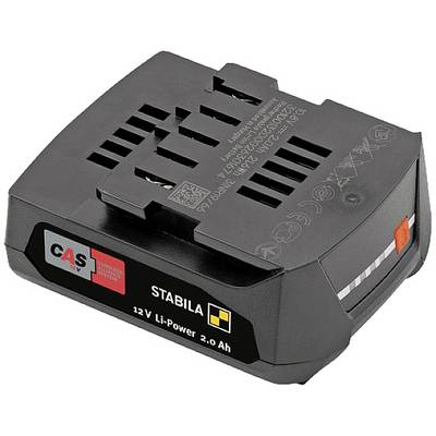 Black Stabila 12V Li-Power Battery, 2.0 Ah capacity, with labelling and symbols on the top surface, CAS logo visible.