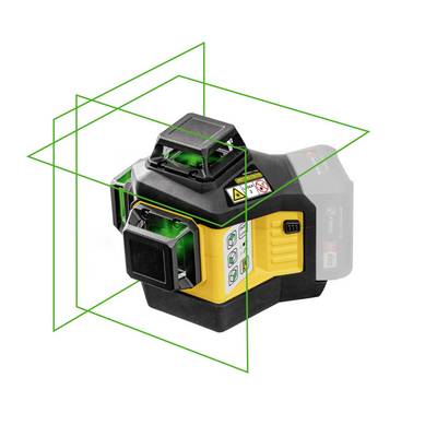 Laser device with three green, right-angled laser lines for precise measurements. Compact, handy design with control elements on the side.